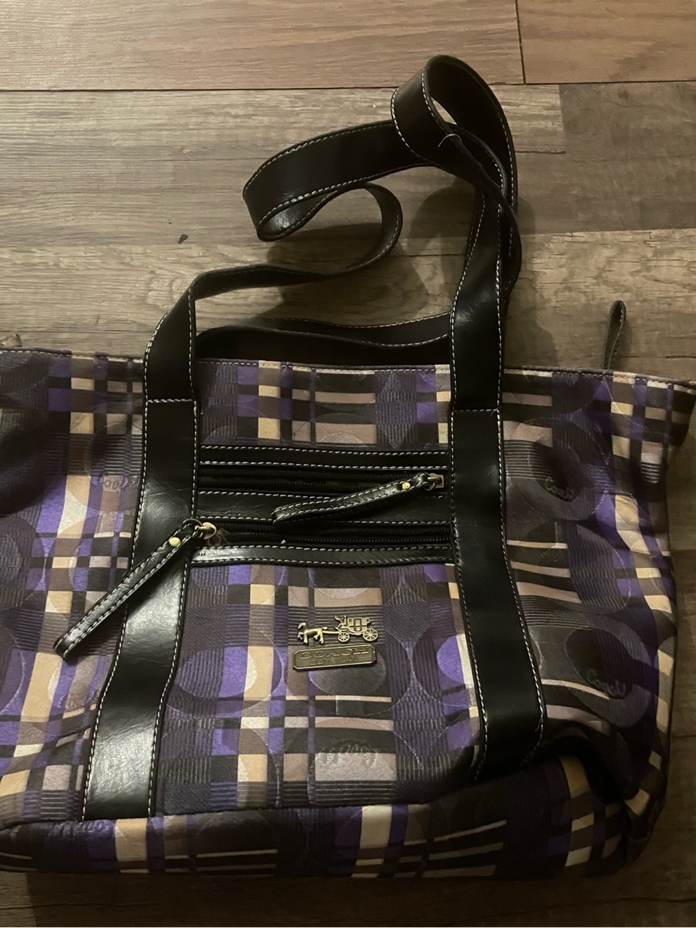 Coach Purple Patterned Tote with Black Trim and Gold Logo